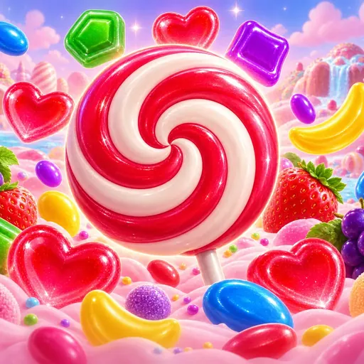 Sweet Bonanza pokie cover glowing with candy and fruit symbols