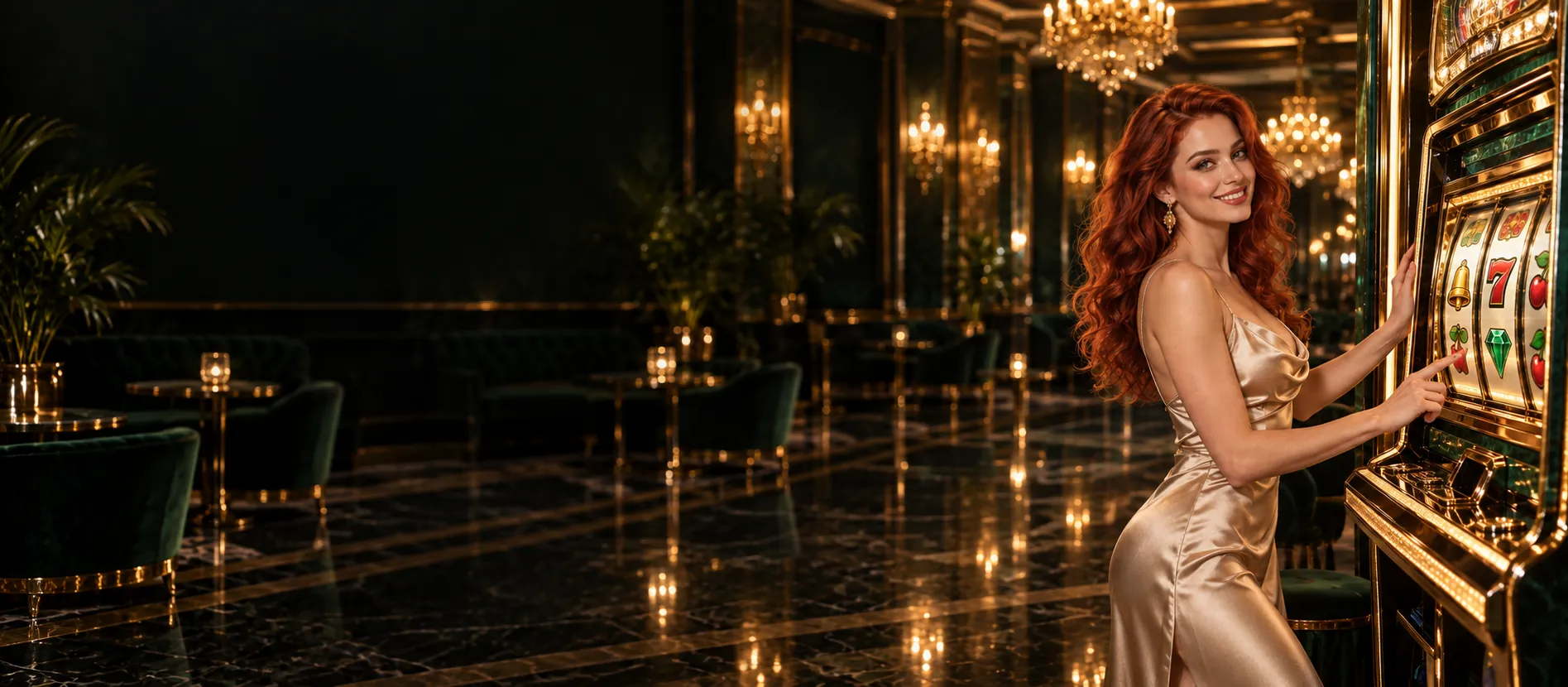 Woman beside a glowing slot machine in a chandelier-lit casino salon