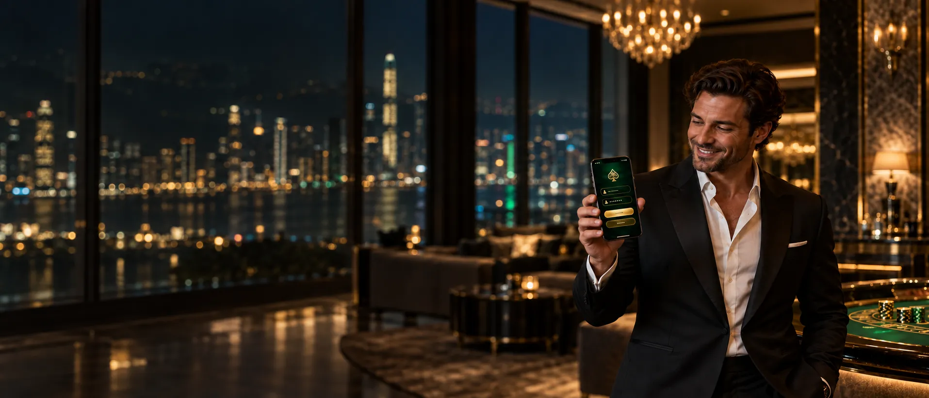 Man in a tuxedo smiling at a phone showing the Here2Win Casino sign-in screen in a penthouse lounge