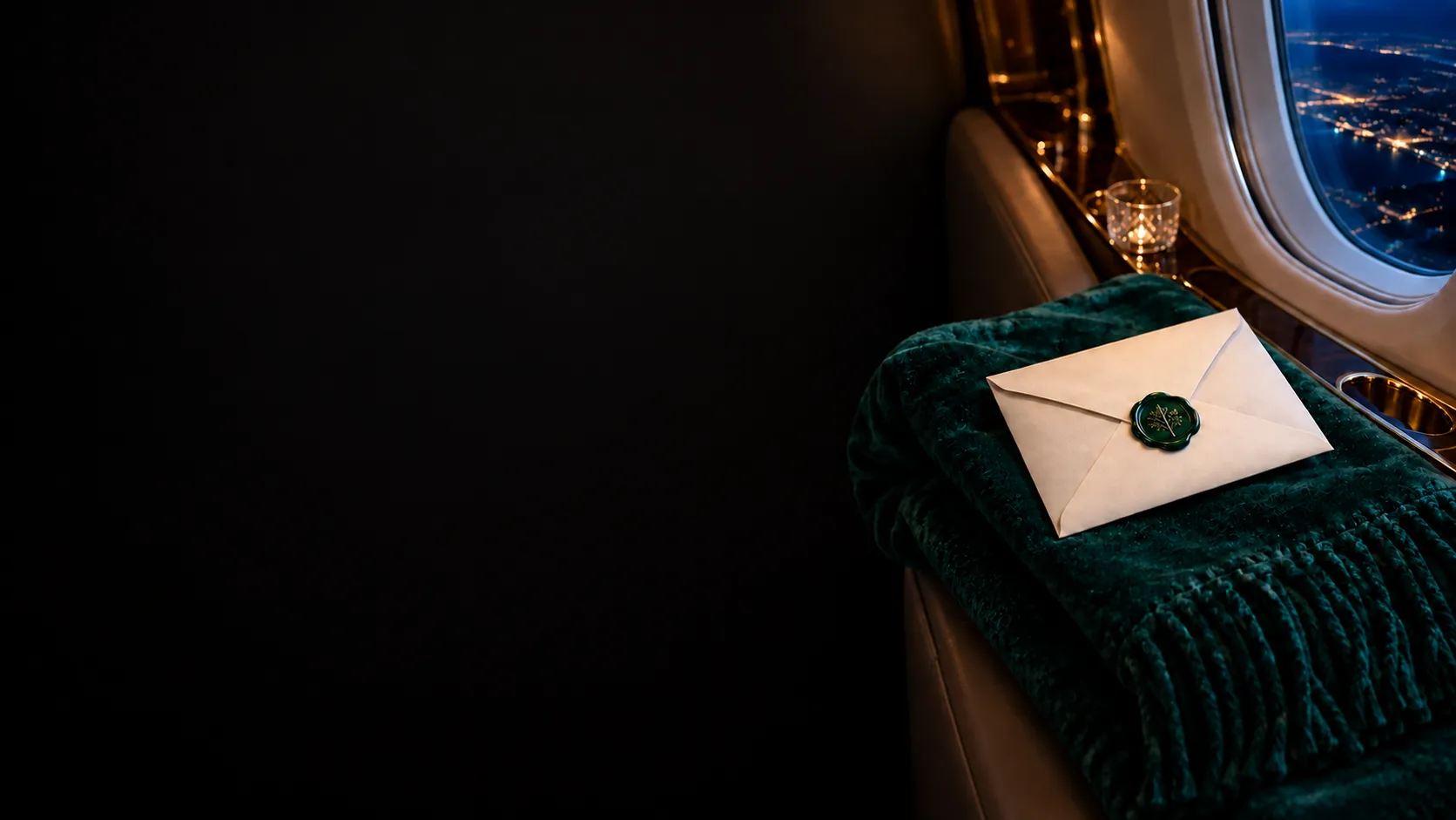 Sealed wax envelope resting beside a window inside a private jet cabin, representing the closed information kept by this guide