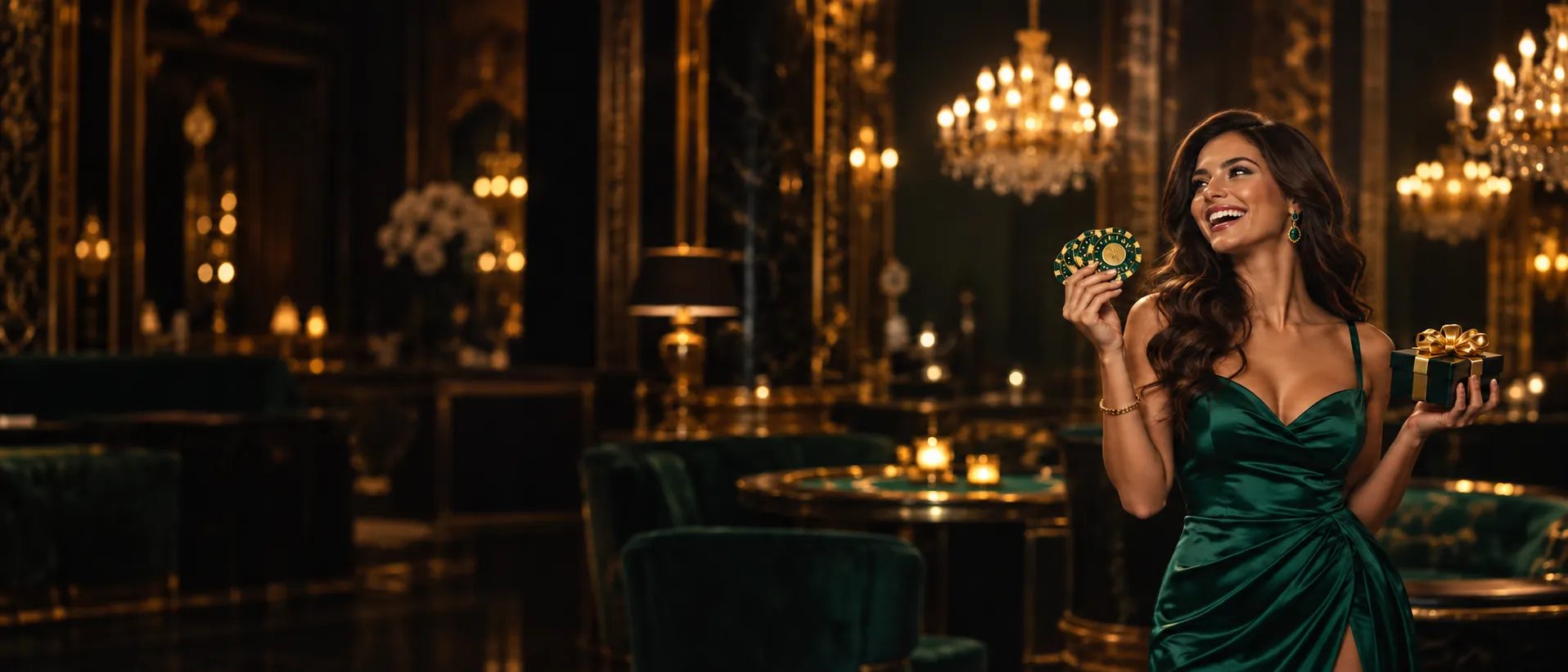 Woman in an emerald gown celebrating with a fan of casino chips and a prize box at the Here2Win Casino welcome bonus