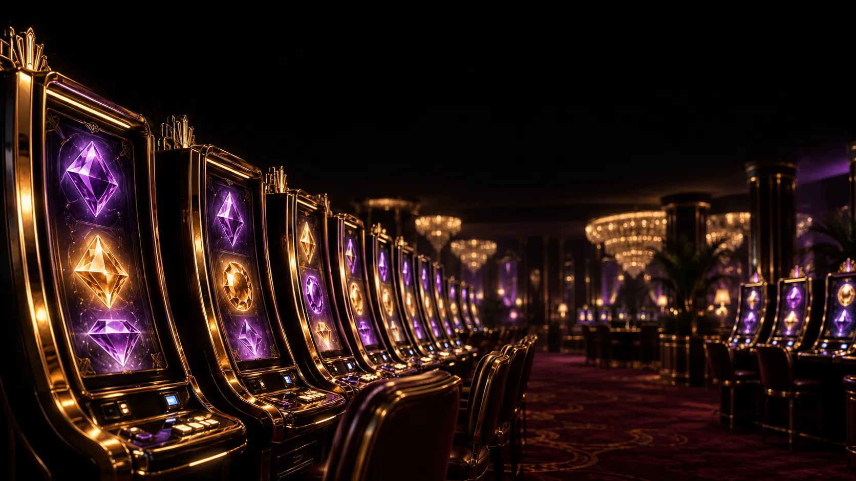 Row of glowing slot cabinets, the kind of visuals a mobile pokies session streams continuously