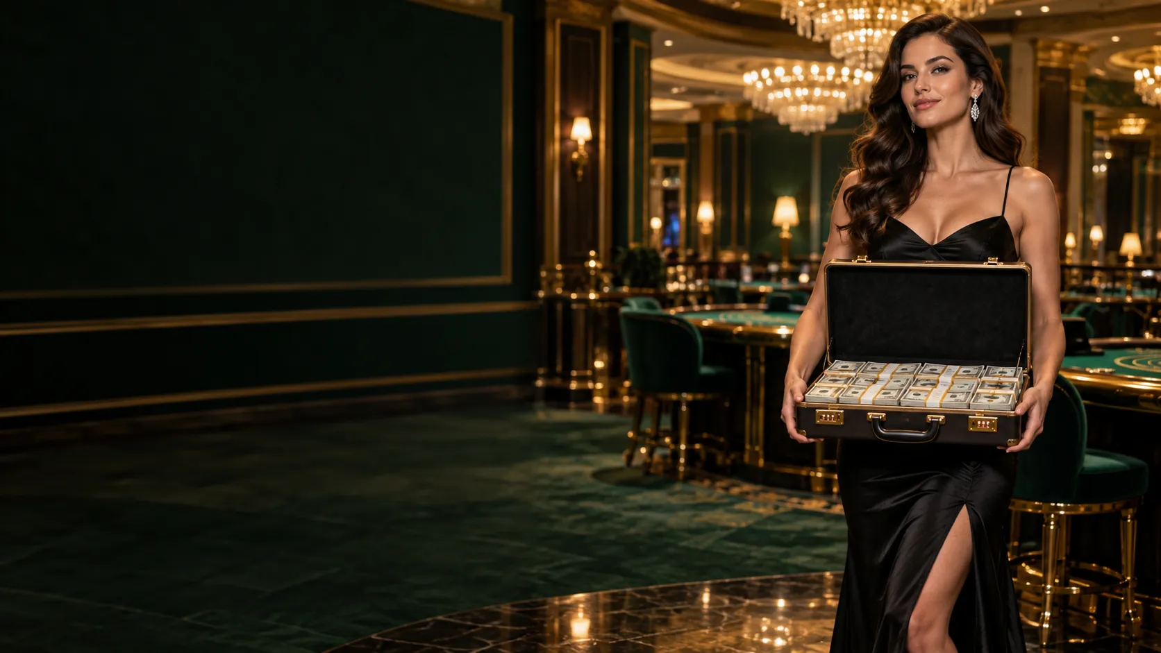 Woman holding a briefcase of banknotes at a blackjack pit
