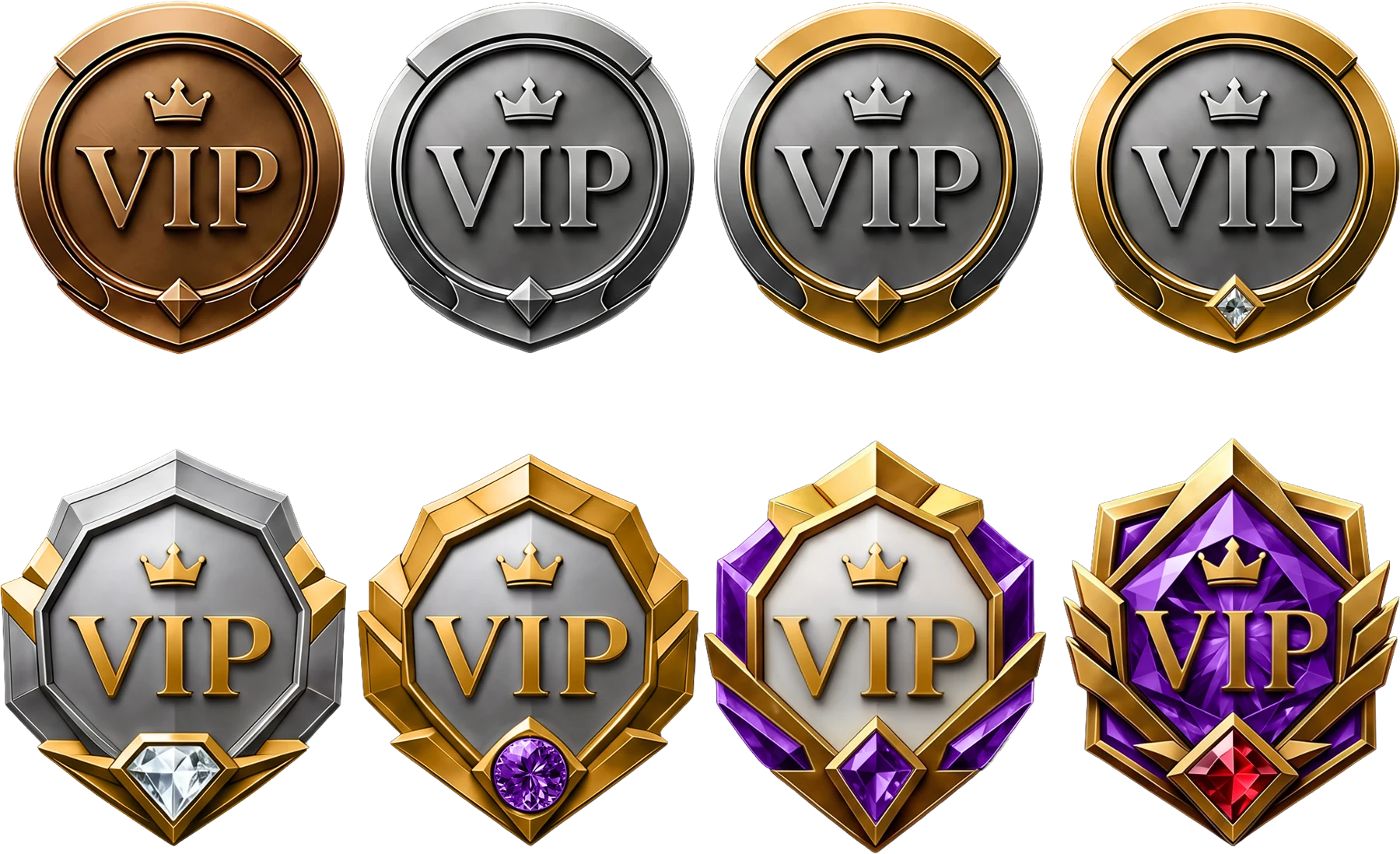 Set of eight VIP tier badges representing Here2Win Casino weekly rewards
