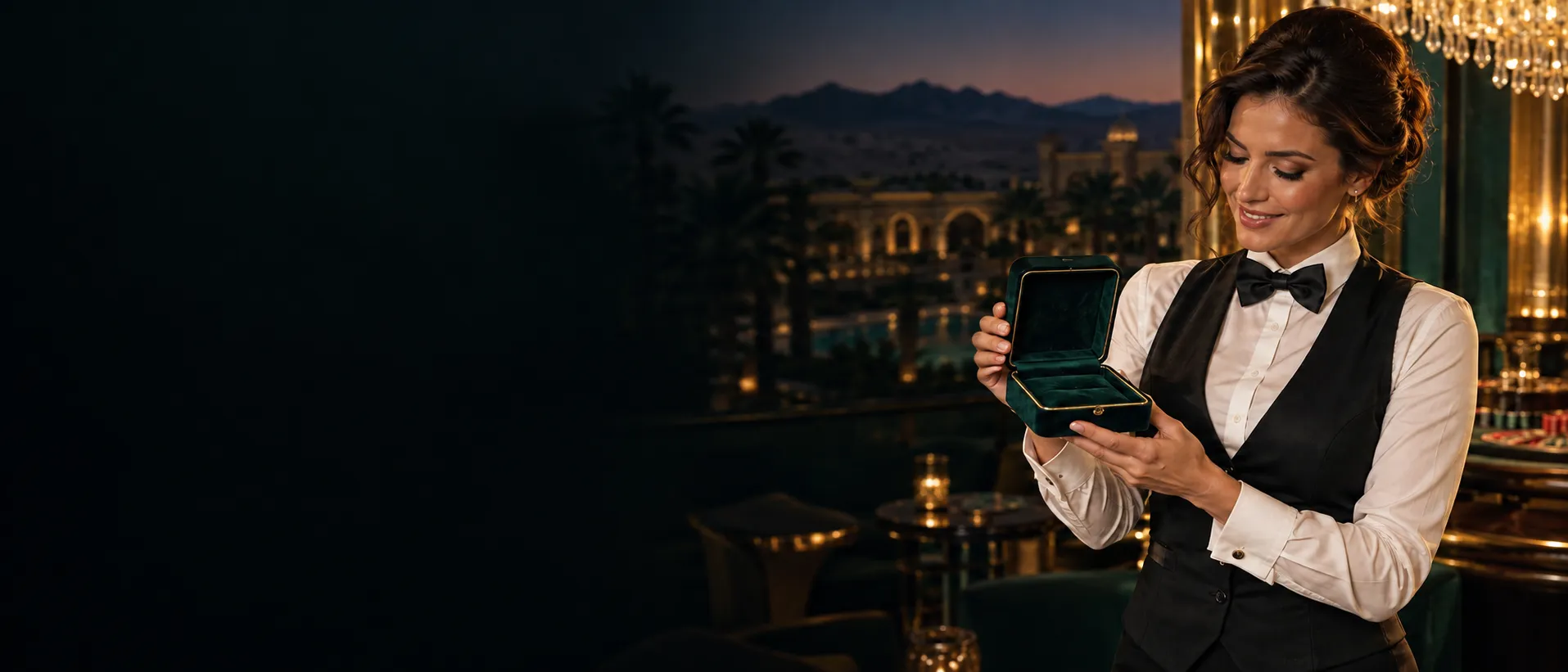 Croupier holding an open velvet award box at a desert resort casino, framing this Here2Win Casino review