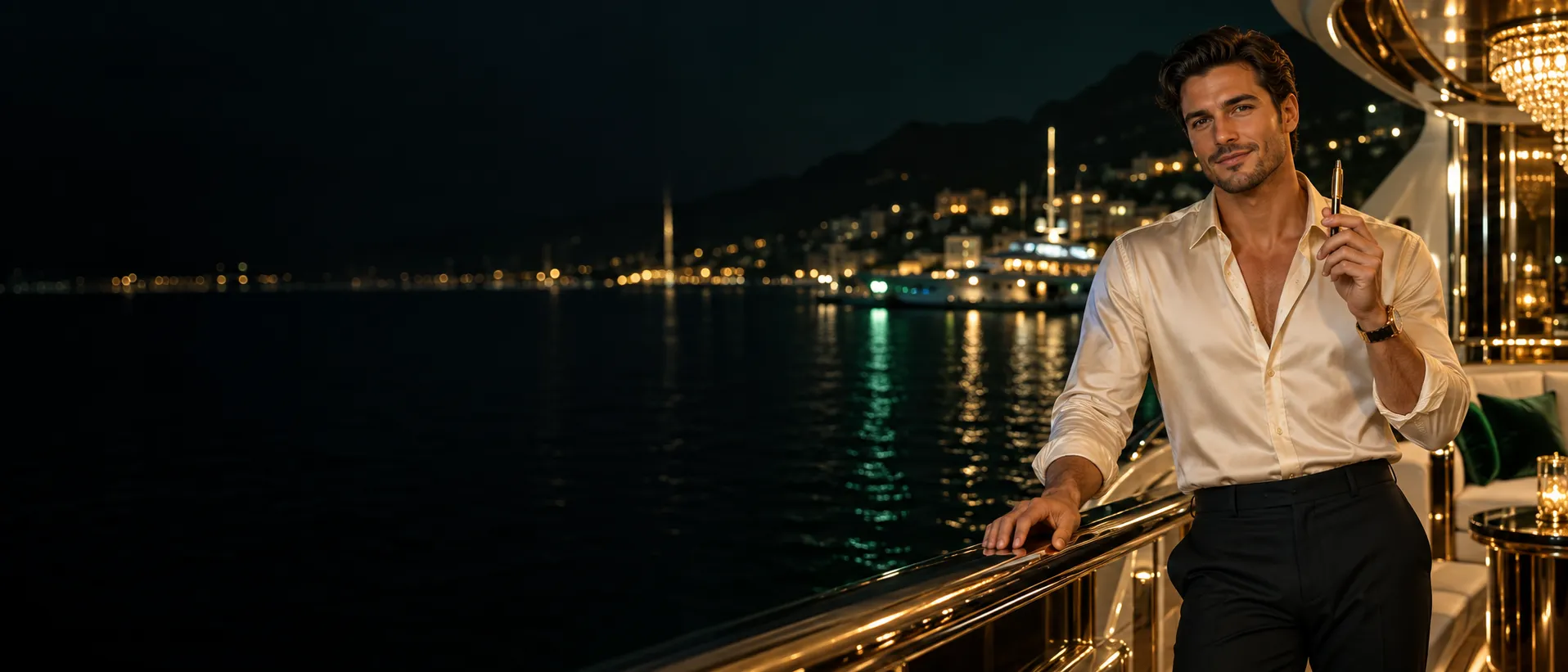Man holding a golden pen on a superyacht deck at night