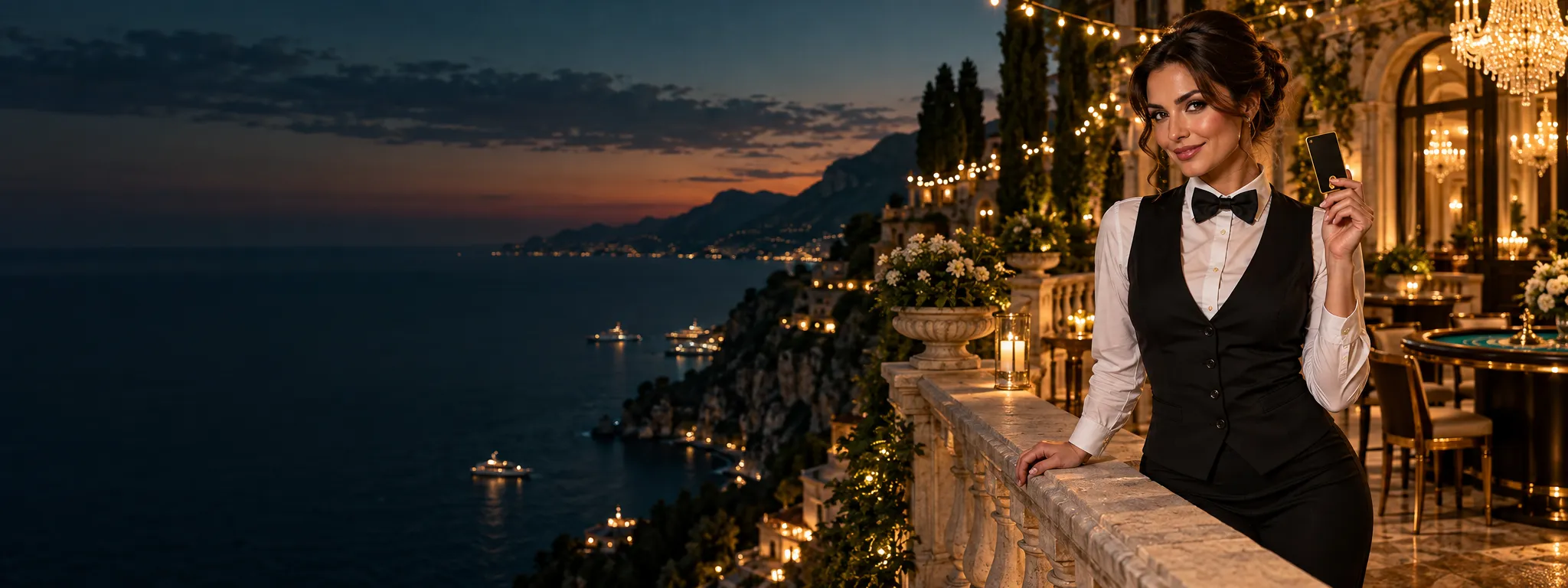 Croupier holding a VIP keycard on a cliffside terrace
