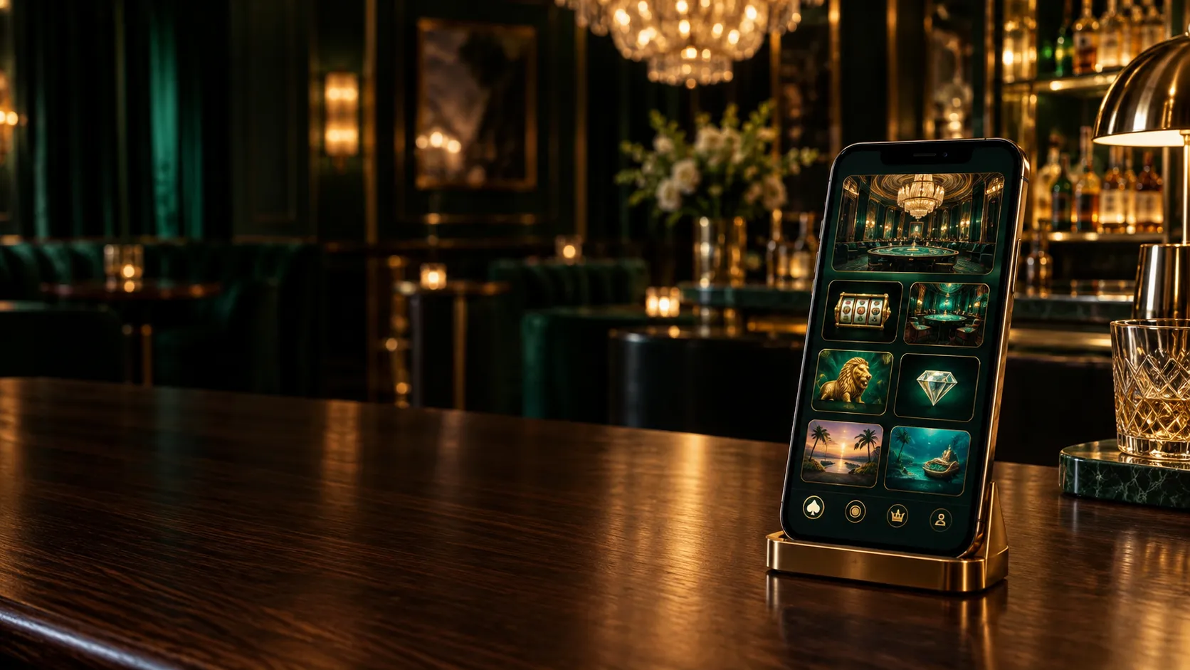 Smartphone showing a casino lobby screen on a speakeasy bar counter