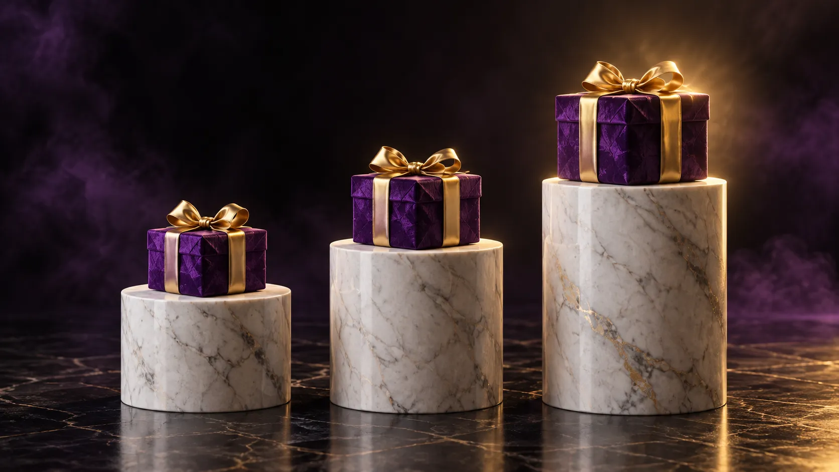 Three plinths standing in for the staged deposit steps of the Here2Win Casino welcome package
