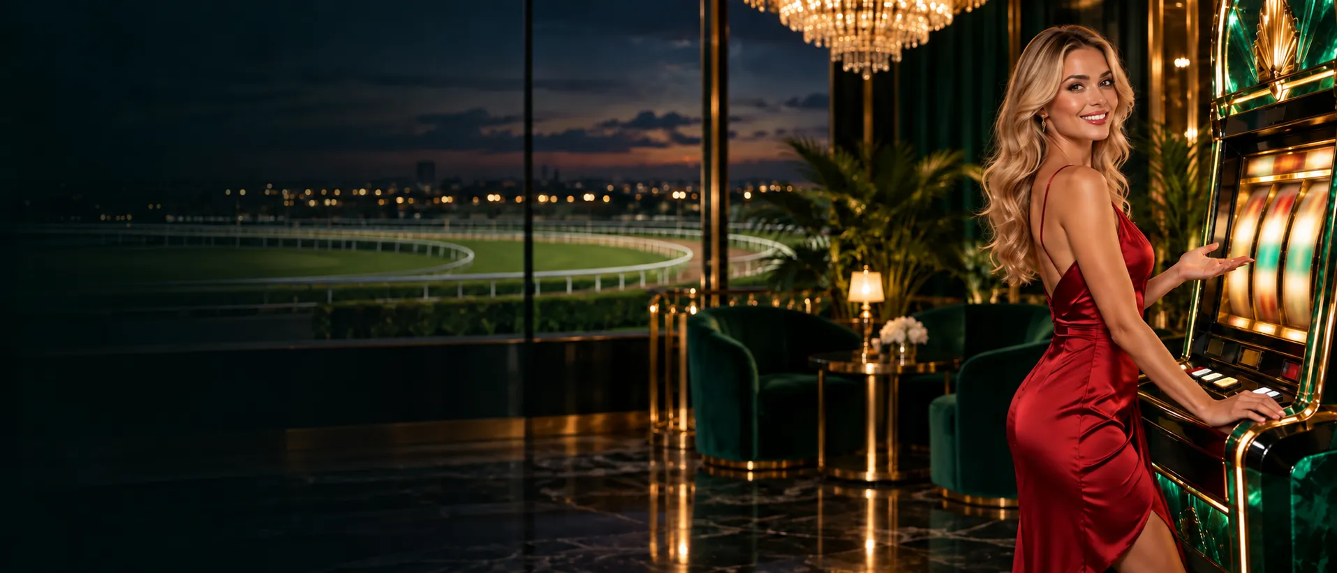 Woman beside a glowing jackpot pokie machine in a racecourse VIP box