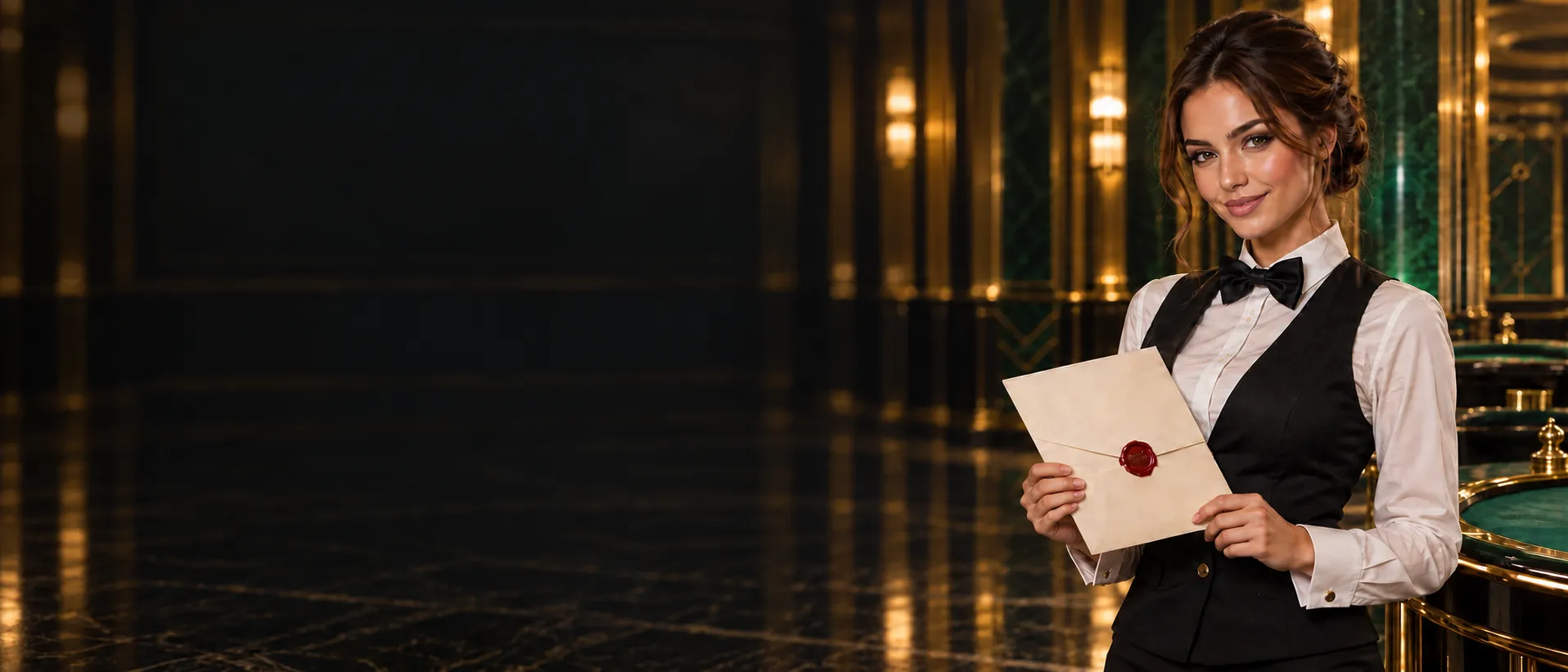 Croupier holding a wax-sealed document in an art-deco casino foyer